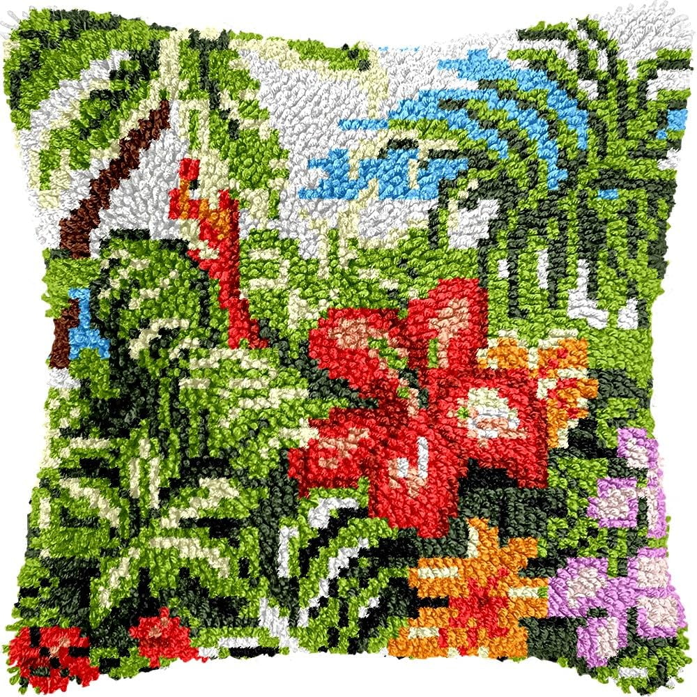 Tropical Plants Latch Hook Pillow Kits for DIY Handmade Throw Pillow Cushion Embroidery Latch Hooking Pillowcase Kits with Preprinted Canvas Crochet Yarn Kits 17''X 17''(g182)