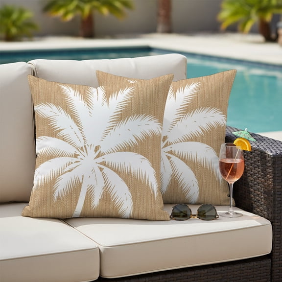 Tropical Plants Outdoor Pillow Covers 16x16 Inch Throw Pillow Covers Set of 2 Waterproof Decorative Pillow Cases Summer Coastal Palm Tree Leaves Vintage Khaki Cushion Covers for Patio Furniture