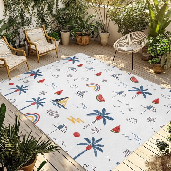 Tropical Plants Outdoor Rug 3x5 Ft - Reversible Patio Rug Outdoor Camping Rugs, Cartoon Summer Botanical Tree Rainbow Washable Indoor Outdoor Area Rugs, Non-Slip Outdoor Carpet Runner for Deck/Porch