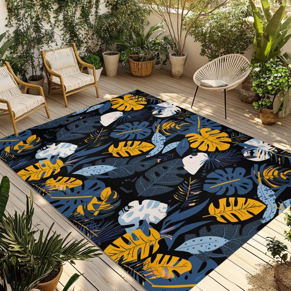 Tropical Plants Outdoor Rug 4x6 Ft - Reversible Patio Rug Outdoor Camping Rugs, Orange Blue Pastoral Black Background Washable Indoor Outdoor Area Rugs, Non-Slip Outdoor Carpet Runner for Deck/Porch