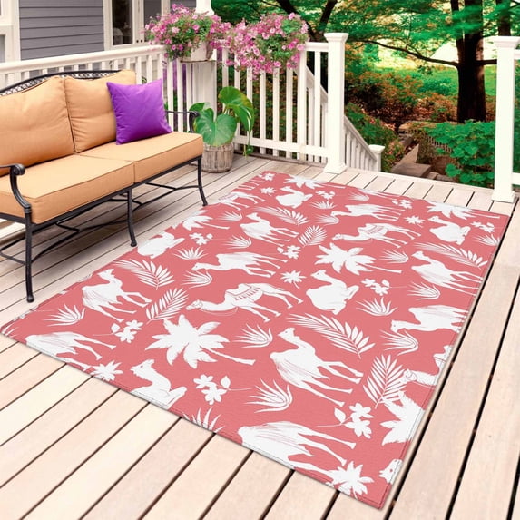 Tropical Plants Outdoor Rug 5x7 Ft, Non Slip Washable Area Rug, Summer Farmhouse Vintage Camels Red Patio Rugs Carpet Runner, Large Floor Mat for Indoor/Outdoor Deck Porch Camping