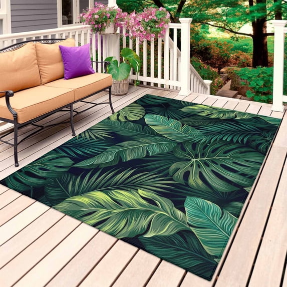 Tropical Plants Outdoor Rug 5x7 Ft, Non Slip Washable Area Rug, Summer Watercolor Green Palm Leaves Patio Rugs Carpet Runner, Large Floor Mat for Indoor/Outdoor Deck Porch Camping