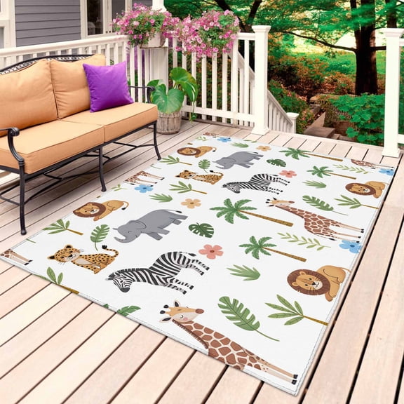 Tropical Plants Outdoor Rug 5x8 Ft, Non Slip Washable Area Rug, Animals Giraffes Zebras Lions Elephant Patio Rugs Carpet Runner, Large Floor Mat for Indoor/Outdoor Deck Porch Camping