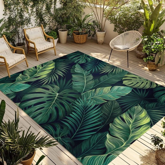 Tropical Plants Outdoor Rug for Patio/Deck/Porch, Non-Slip Large Area Rug 3 x 5 Ft, Summer Watercolor Green Palm Leaves Indoor Outdoor Rugs Washable Area Rugs, Reversible Camping Rug Carpet Runner