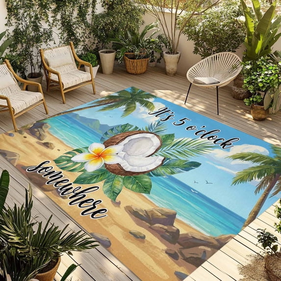 Tropical Plants Outdoor Rug for Patio/Deck/Porch, Non-Slip Large Area Rug 5 x 7 Ft, Coastal Beach Coconut Tree Palm Leaves Indoor Outdoor Rugs Washable Area Rugs, Reversible Camping Rug Carpet Runner