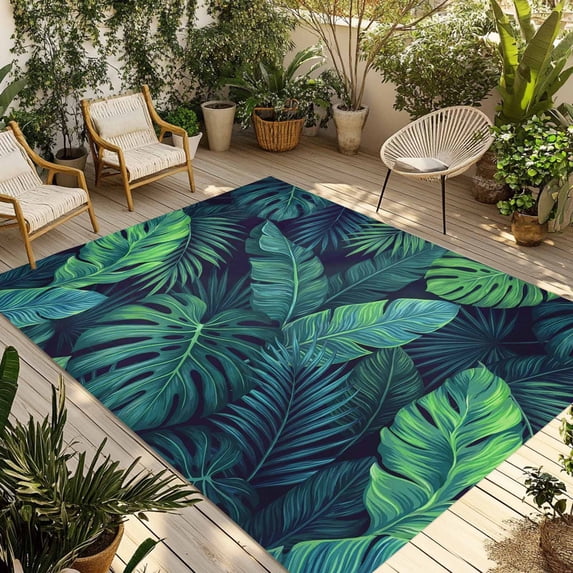Tropical Plants Outdoor Rug for Patio/Deck/Porch, Non-Slip Large Area Rug 5 x 7 Ft, Summer Watercolor Teal Green Palm Leaves Indoor Outdoor Rugs Washable Area Rugs, Camping Rug Carpet Runner
