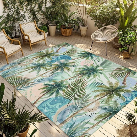 Tropical Plants Outdoor Rug for Patio/Deck/Porch, Non-Slip Large Area Rug 5 x 8 Ft, Summer Coastal Beach Coconut Tree Green Indoor Outdoor Rugs Washable Area Rugs, Camping Rug Carpet Runner