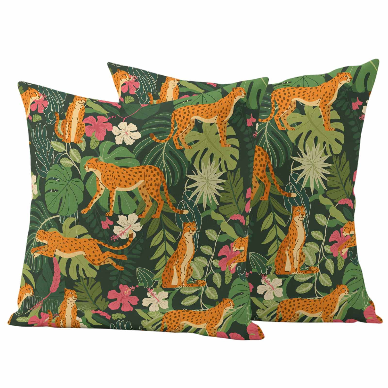 Tropical Plants Outdoor Waterproof Pillow Covers, Summer Botanical Animals Flowers Leaves Decorative Square Throw Pillowcase Sofa Cushion Sham for Patio/Couch/Chair, 18"x18" 2 Pack