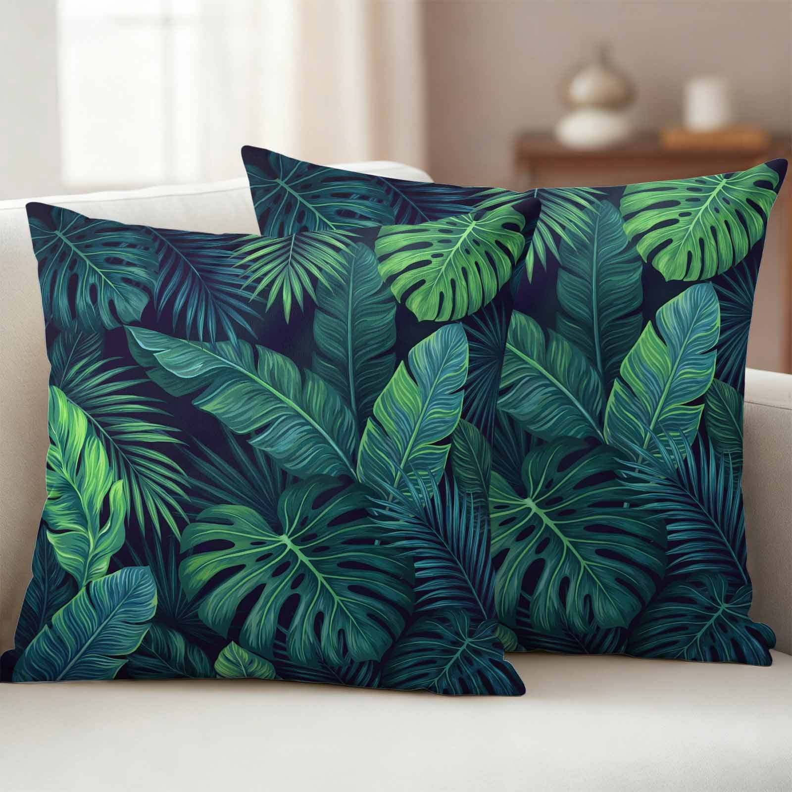 Tropical Plants Outdoor Waterproof Throw Pillow Covers 18x18 Set of 2, Summer Watercolor Teal Green Palm Leaves Decorative Pillowcases Cushion Pillowcase for Couch Sofa Patio Outside Pillow Protector