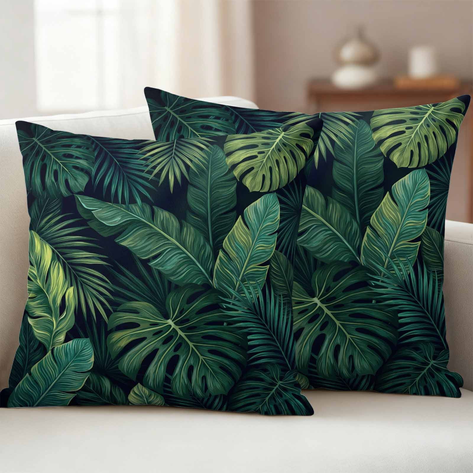 Tropical Plants Outdoor Waterproof Throw Pillow Covers 20x20 Set of 2, Summer Watercolor Green Palm Leaves Decorative Pillowcases Cushion Pillowcase for Couch Sofa Patio Outside Pillow Protector