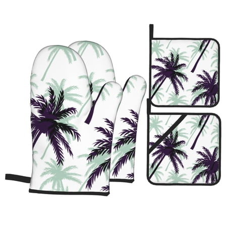 Tropical Plants Oven Mitts And Pot Holders Sets Baking Sets For Kitchen Bbq Gloves Heat Resistant Cooking Coconut Tree Acation 4 Pcs