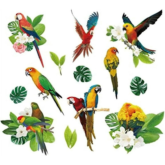 Tropical Plants Parrot Wall Stickers Green Leaf Birds Watercolor Flower Vinyl Decals for Kids Nursery Bedroom Living Room DIY Art Home Decor Murals DIY