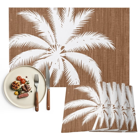 Tropical Plants Placemats Set of 2, Summer Coastal Palm Tree Leaves Farm Brown Washable Wipeable Table Mats for Dining Tables, Indoor Outdoor Kitchen Place Mats for Holiday Party Table Decor