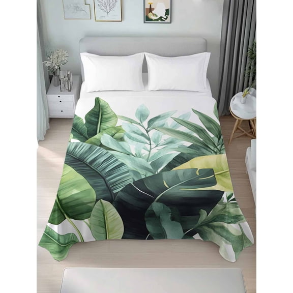 Tropical Plants Queen Size Flat Sheet, Wrinkleproof & Fadeproof Cooling Flat Bed Sheet Only, Country Summer Green Palm Leaves Breathable Soft Bedding Top Sheets 90 x 102 Inches