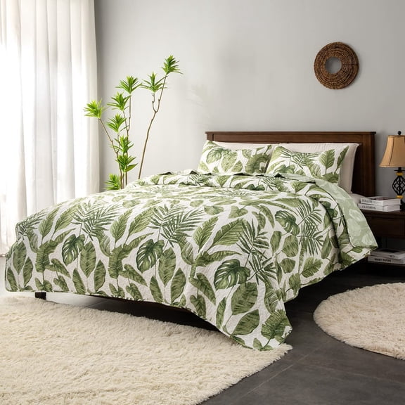 Tropical Plants Quilt Set King Size 3 Pieces, Green Palm Leaves Rainforest Style Fine Printed Reversible Bedspreads Bedding Sets, Soft and Lightweight Bed Coverlet for All Season