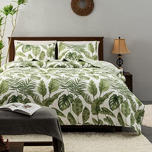 Tropical Plants Quilt Set King Size 3 Pieces, Green Palm Leaves Rainforest Style Fine Printed Reversible Bedspreads Bedding Sets, Soft and Lightweight Bed Coverlet for All Season