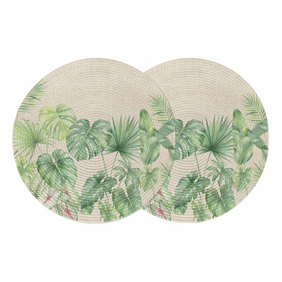 Tropical Plants Round 13 Inch Placemats Set of 2, Summer Watercolor Green Palm Leaf on Linen HeatResistant Non Slip Place Mats for Dining Table, Wipeable Braided Kitchen Table Mats for Housewarming