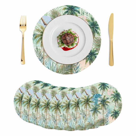 Tropical Plants Round 13 Inch Placemats Set of 8, Summer Coastal Beach Coconut Tree Green HeatResistant Non Slip Place Mats for Dining Table, Wipeable Braided Kitchen Table Mats for Housewarming