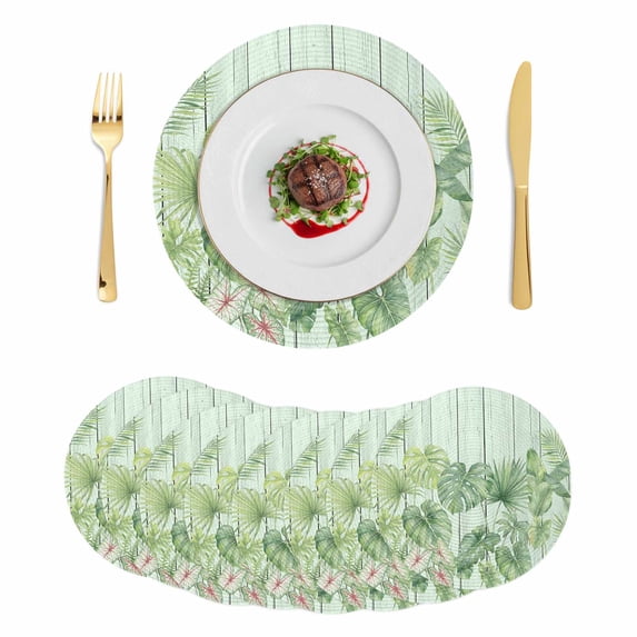 Tropical Plants Round 15 Inch Placemats Set of 8, Summer Green Palm Leaves Wooden Grain HeatResistant Non Slip Place Mats for Dining Table, Wipeable Braided Kitchen Table Mats for Housewarming