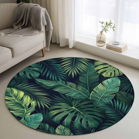 Tropical Plants Round Area Rug 3Ft Washable Small Circle Rugs for Kitchen Entryway, Summer Watercolor Green Palm Leaves Non-Slip Carpet Floor Mats Indoor Outdoor Carpet Runner Aesthetic Home Decor