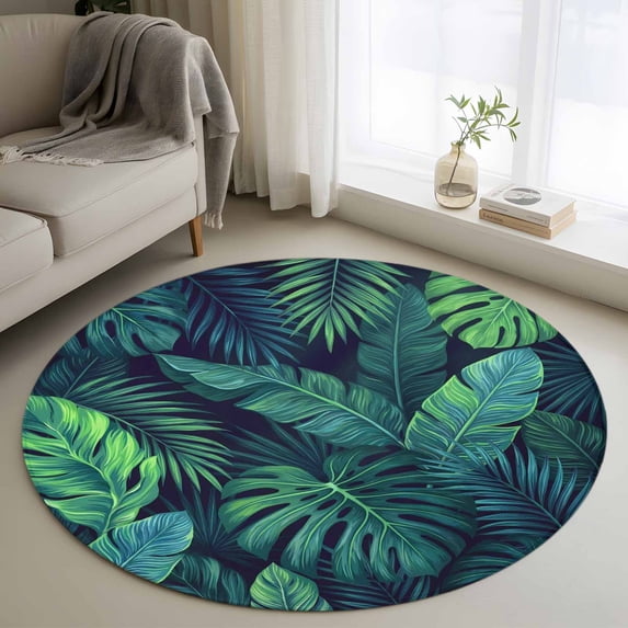 Tropical Plants Round Area Rug 3Ft Washable Small Circle Rugs for Kitchen Entryway, Summer Watercolor Teal Green Palm Leaves Non-Slip Carpet Floor Mats Indoor Outdoor Carpet Runner Home Decor