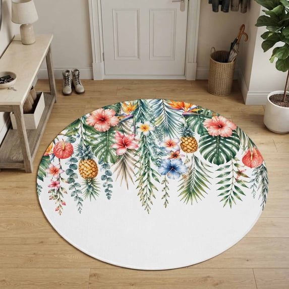 Tropical Plants Round Area Rug 4Ft Washable Circle Rugs for Bedroom Dining Room, Summer Palm Leaves Flowers Non-Slip Carpet Floor Mats Indoor Outdoor Carpet Runner Aesthetic Home Decor