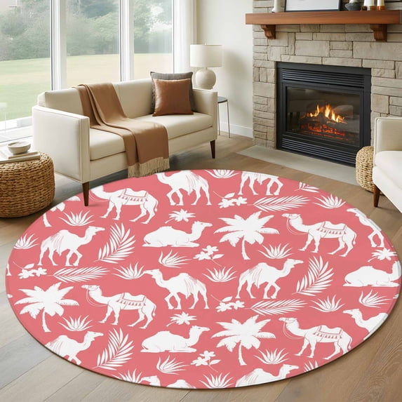 Tropical Plants Round Area Rug 6Ft Washable Circle Rugs for Bathroom Office, Summer Farmhouse Vintage Camels Red Non-Slip Carpet Floor Mats Indoor Outdoor Carpet Runner Aesthetic Home Decor
