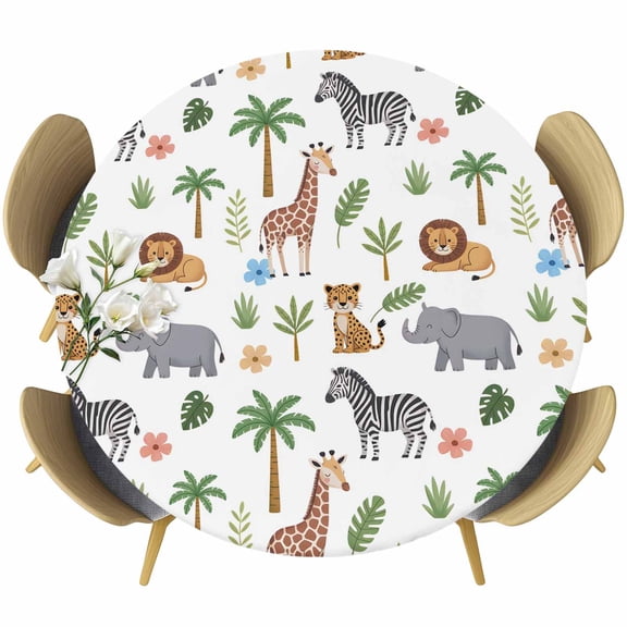 Tropical Plants Round Tablecloth 45-54 Inch Round Fitted Table Cloth with Elastic Edge, Animals Giraffes Zebras Lions Elephant Waterproof Table Cover Protector for Outdoor Picnic Party Dining