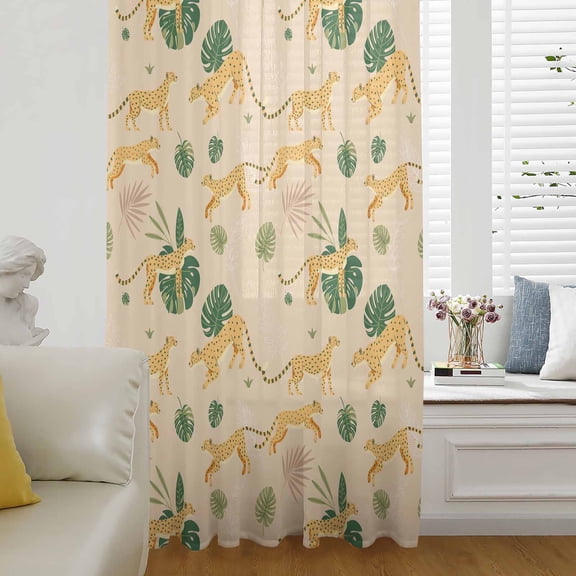 Tropical Plants Semi Sheer Curtains Drapes for Living Room, Bedroom, French Doors Window 54 Inches Long, Summer Panthers Animals Palm Leaves Rod Pocket Chiffon Curtain Drapery Voile Draperies Panel