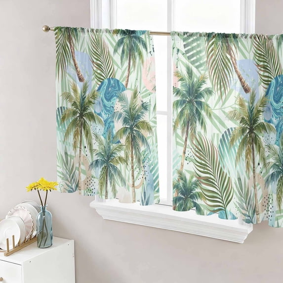 Tropical Plants Sheer Curtains 54 Inch Length 2 Panels Set, Summer Coastal Beach Coconut Tree Green Voile Window Treatment Rod Pocket Short Kitchen Curtains Drapes for Bedroom 52"x54"x2