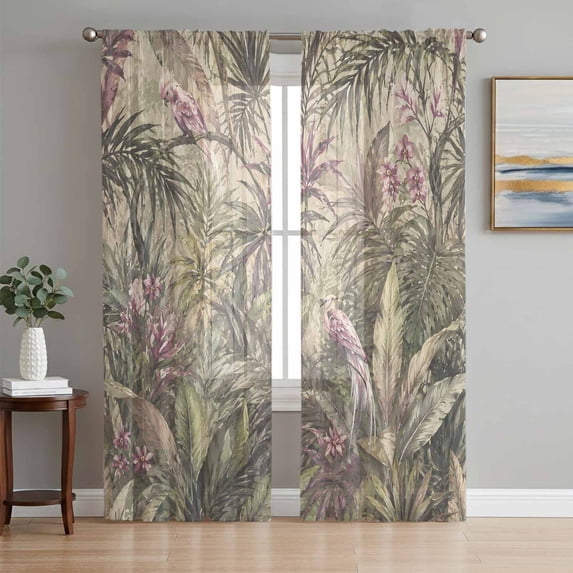 Tropical Plants Sheer Curtains 72 Inch Length 2 Panels Set, Rustic Summer Botanical Leaves Birds Floral Window Treatment Rod Pocket Curtains Sheers Drapes for Bedroom/Living Room/Kitchen 52"x72"x2