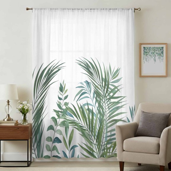 Tropical Plants Sheer Curtains 84 Inches Long, Green Summer Nature Botanical Leaves Light Filering Curtains, Breathable Simi Curtain Privacy Drapes for Living Room Bedroom Window Treatment