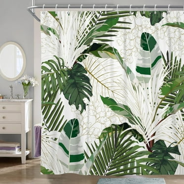 Pbobriich Green Leave Shower Curtain, Botanical Palms Bathroom Curtain Waterproof Fabric with Hooks,72x72in