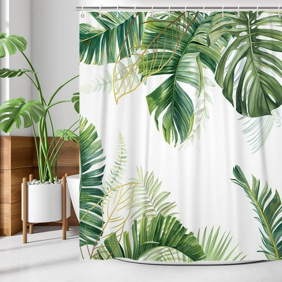 Tropical Plants Shower Curtain, Green Botanical Palms Monstera Leaf Gold Banana Leaves Bathroom Curtain Home Decor Waterproof Fabric Machine Washable with 12 Hooks