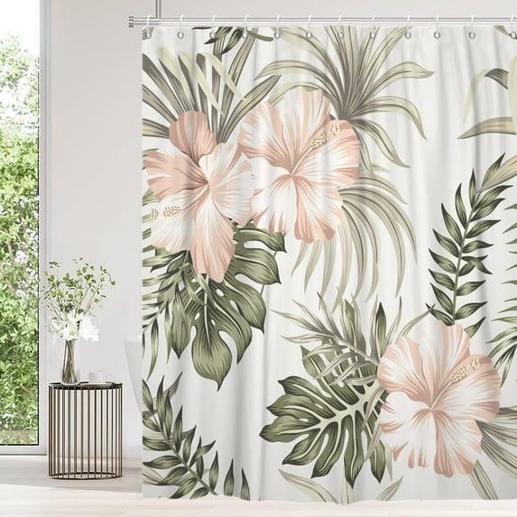 Tropical Plants Shower Curtain, Vintage Sage Green Palm Leaves Hibiscus Flowers Beige Bathroom Curtain Waterproof Fabric Machine Washable with Hooks, 84" Wx72 L