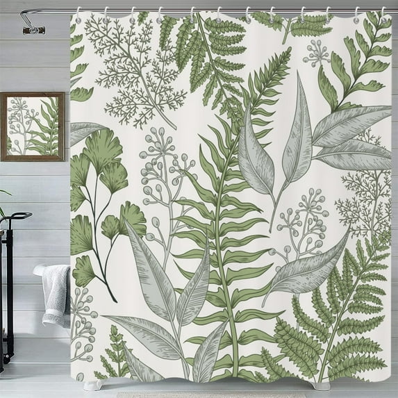 Tropical Plants Shower Curtain, Vintage Sage Green Tropical Plants Leaves Beige Bathroom Curtain Waterproof Fabric Machine Washable with Hooks, 72" Wx84 L