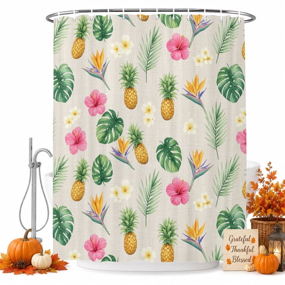 Tropical Plants Shower Curtain, Waterproof Shower Curtains for Bathroom, Summer Floral Pineapple Palm Leaves Vintage Washable Fabric Bathtub Curtain Set Bath Decor with 12 Hooks Extra Long 72"x96"