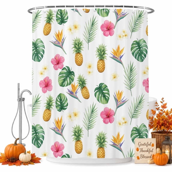 Tropical Plants Shower Curtain, Waterproof Shower Curtains for Bathroom, Summer Flowers Pineapple Palm Leaves Washable Fabric Bathtub Curtain Set Bath Decor with 12 Hooks Stall 36"x72"