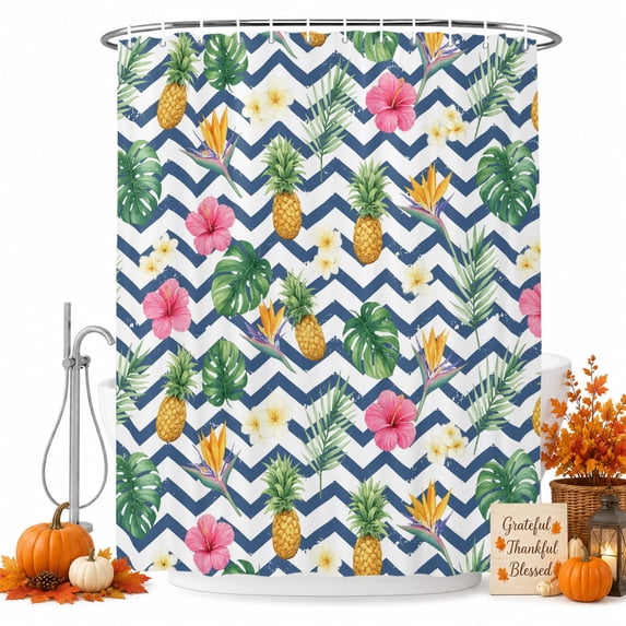 Tropical Plants Shower Curtain, Waterproof Shower Curtains for Bathroom, Summer Pineapple Palm Leaves Blue Striped Washable Fabric Bathtub Curtain Set Bath Decor with 12 Hooks Stall 36"x72"