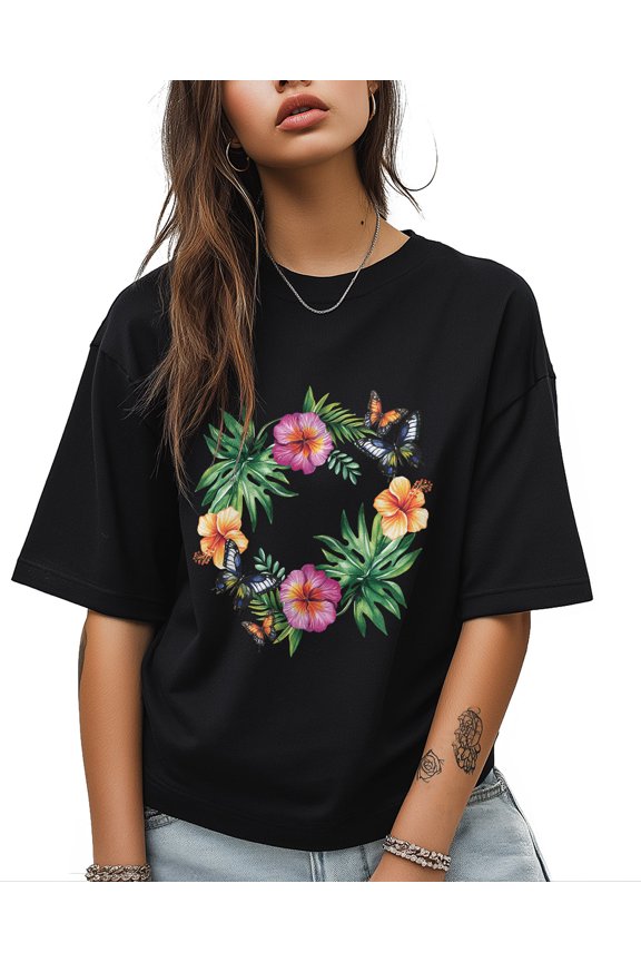Tropical Plants T Shirts for Women Short Sleeve Cotton Crewneck T-Shirt Flowers Leaf Butterfly Wreath Tee Tops Casual Basic T-Shirts, XS-5XL Black S