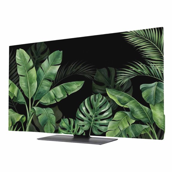 Tropical Plants TV Cover for 75 Inch Screen, Stretch Fabric Dustproof TV Display Protector, Summer Palm Monstera Leaf Branches Elastic Slipcover Monitor Cover for Indoor Desktop Computer 65.4"x36.8"