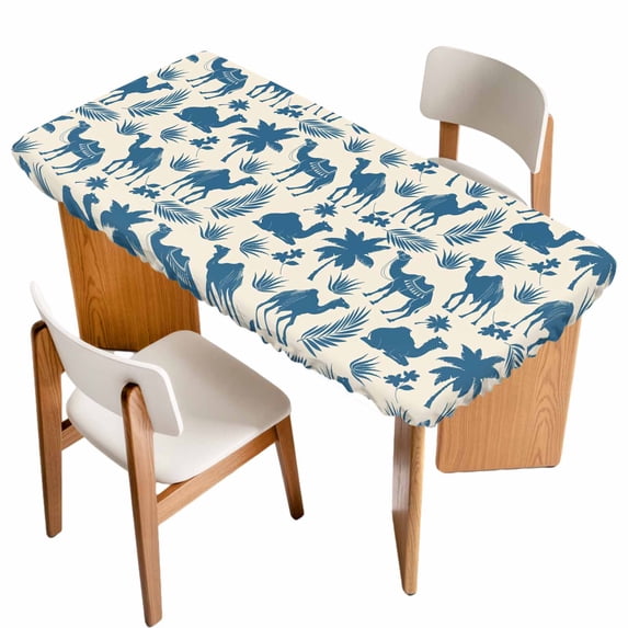 Tropical Plants Table Cloths for 3 Foot Rectangle Tables, Summer Farmhouse Vintage Blue Camels Patio Waterproof Elastic Fitted Tablecloths, Washable Rectangular Table Cover for Camping