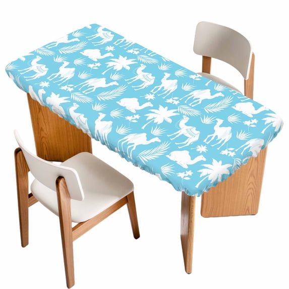 Tropical Plants Table Cloths for 3 Foot Rectangle Tables, Summer Modern Abstract Camels Sky Blue Patio Waterproof Elastic Fitted Tablecloths, Washable Rectangular Table Cover for Camping