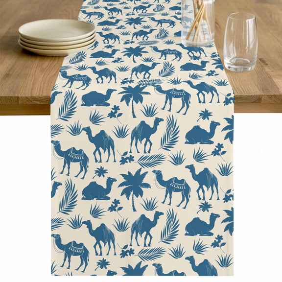 Tropical Plants Table Runner - 36 Inch Long Summer Farmhouse Vintage Blue Camels Cotton and Linen Blended Dress Scarves Farmhouse Table Runner for Kitchen Dining, Coffee Table, 13" x 36"