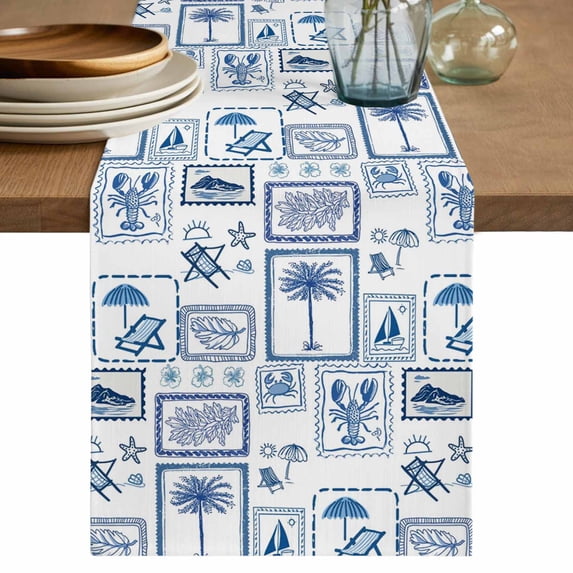 Tropical Plants Table Runner 90 Inches, Summer Coastal Blue Plaid Palm Trees Bed Runner Dresser Scarves Tabletop for Indoor Outdoor Parties/Ceremony/Banquet, 13" x 90"