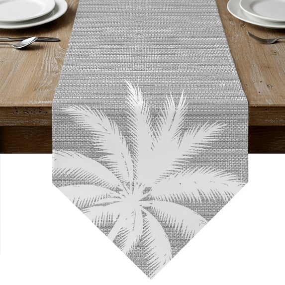 Tropical Plants Table Runner Linen Burlap Table Runner 108 Inches Long Summer Coastal Palm Tree Leaves Light Grey Dresser Scarves for Kitchen Island Coffee Dining Room Party Holiday Decor 13"x108"