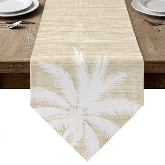 Tropical Plants Table Runner Linen Burlap Table Runner 120 Inches Long Summer Coastal Palm Tree Leaves Retro Beige Dresser Scarves for Kitchen Island Coffee Dining Room Party Holiday Decor 13"x120"