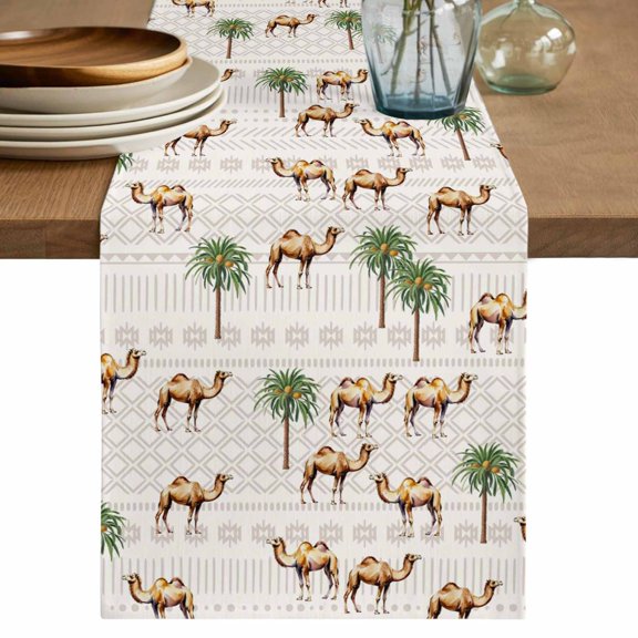 Tropical Plants Table Runner, Summer Palm Trees Camel Animals Boho Washable Cotton Linen Table Runners 36 Inches Long, Dresser Scarf Runner for Nightstand/End Tables/Round Tables 13''x36''
