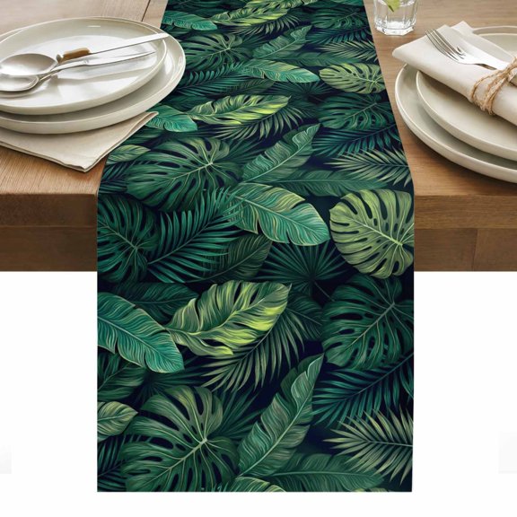 Tropical Plants Table Runner Summer Watercolor Green Palm Leaves Tablerunners 13 x 48 Inch, Table Decorations Tabletop Scarf for Summer Gathering Holiday Farmhouse Kitchen Dining Decor