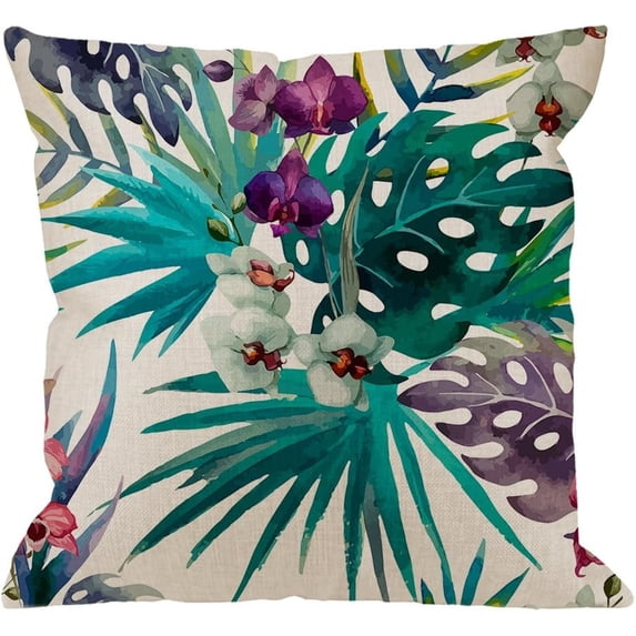 Tropical Plants Throw Pillow Covers,Tropical Flower Leaves Cotton Linen Home Decorative Throw Pillow Case Cushion Cover for Sofa Couch 18x18 inch White Green